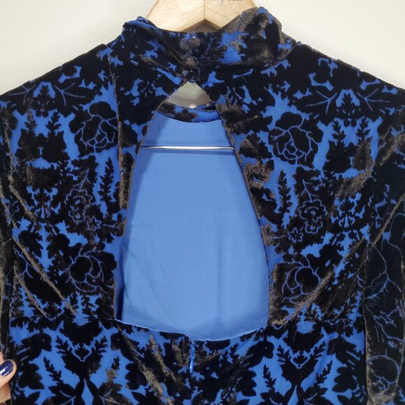 BY ANTHROPOLOGIE Mock-Neck Velvet Mini Dress Open Back Burnout SS Blue Women's 4 - Picture 9 of 16